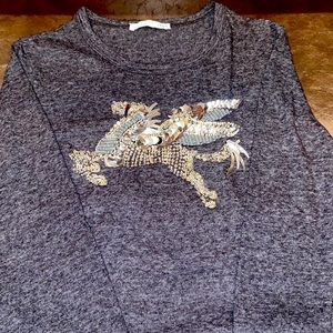 Zara charcoal grey long sleeve top with silver beaded Icarus design sz S